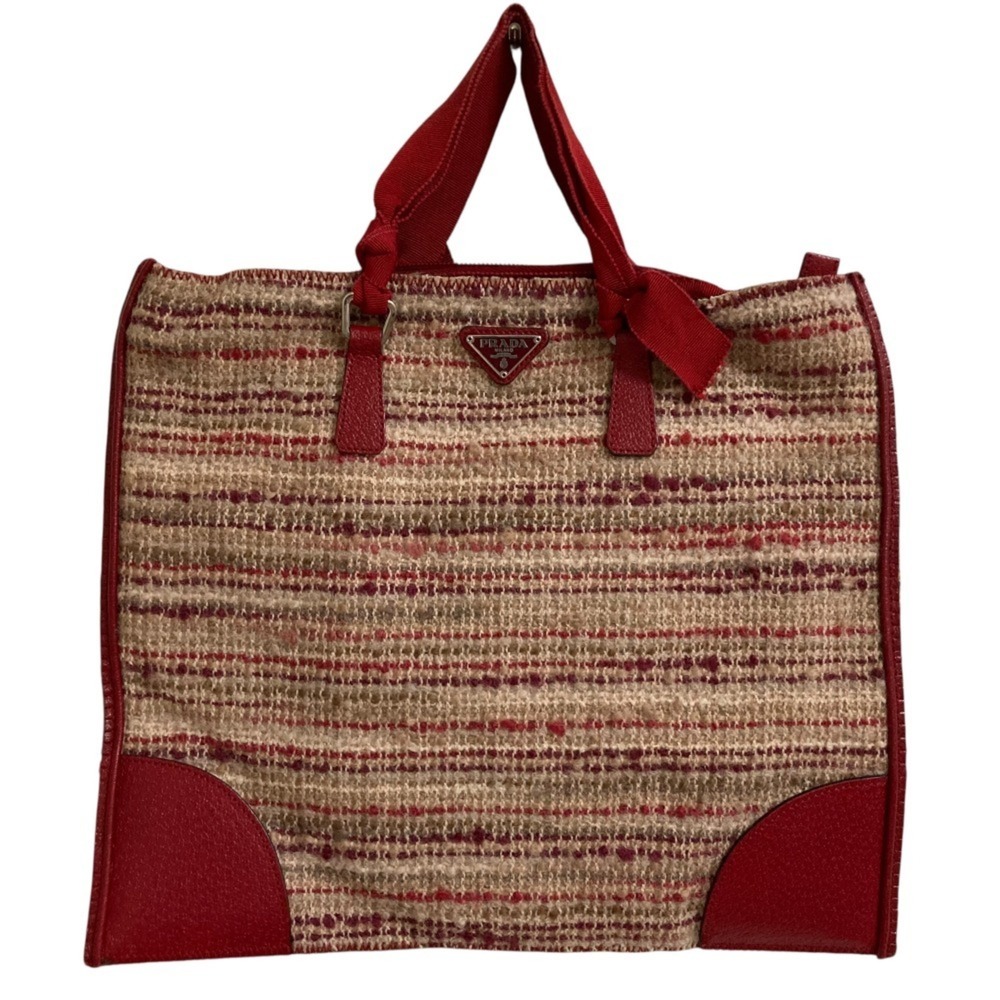 PRADA Triangle Logo Plate Tweed Handbag Red Women's